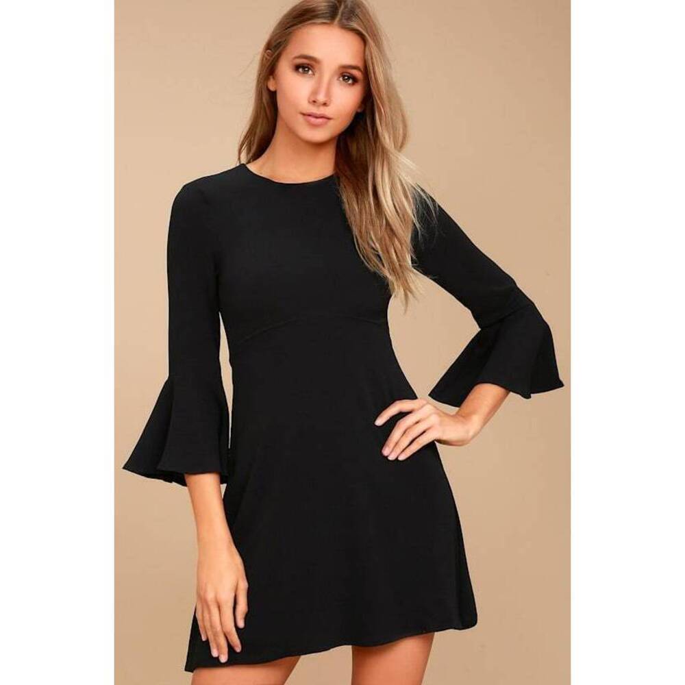 Lulus Center Of Attention Black Flounce Sleeve Dress - Size S